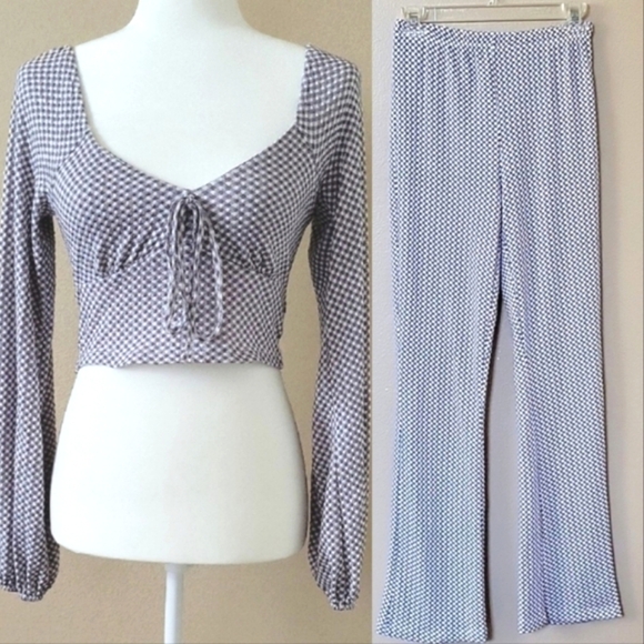 Altar'd State Womens Navy Gingham Puff Sleeve Flare Pant Two Piece Set - Size XS - Picture 1 of 13